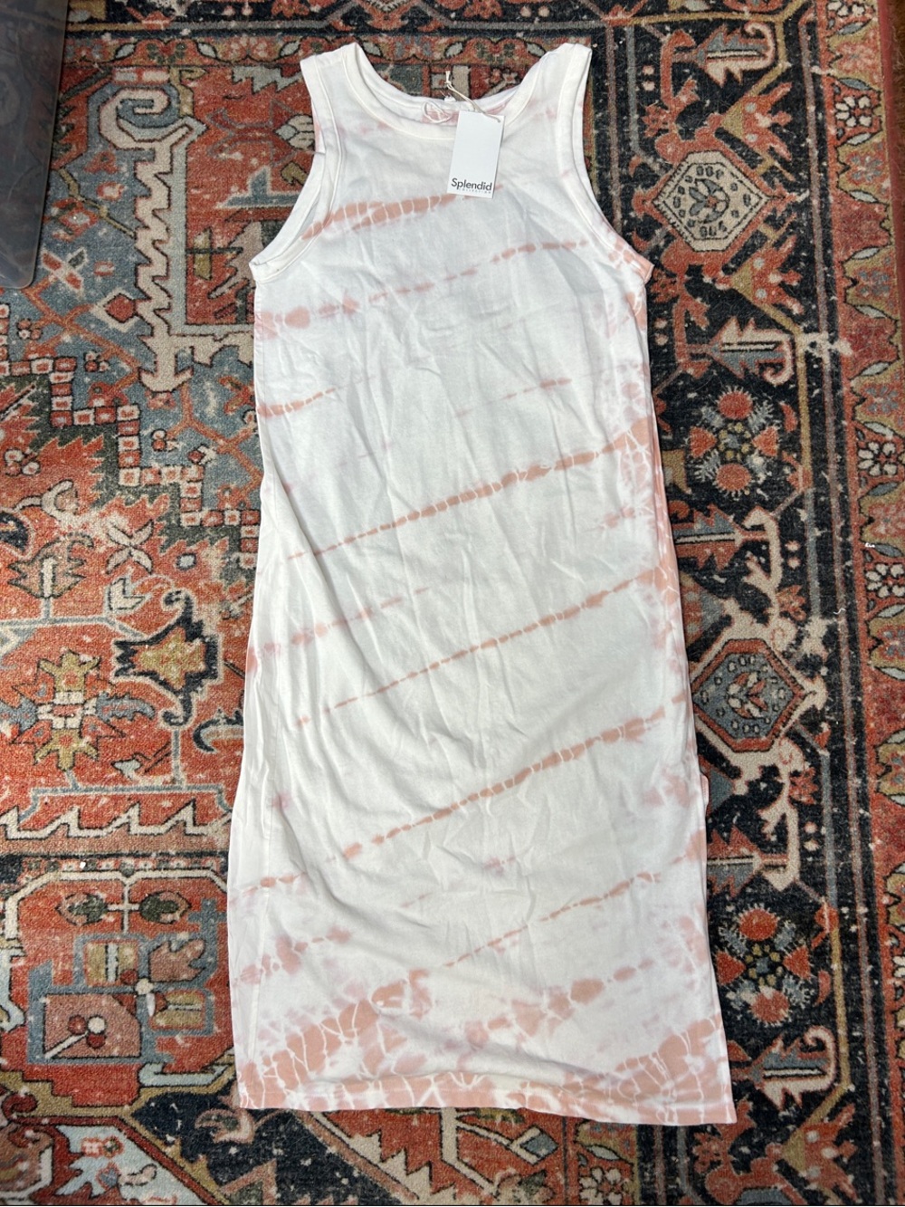 Splendid White Tank Dress with Blush Tie-Dye Accents
